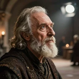 portrait of an old, medieval alchemist in the dark, he is looking into the distance thoughtfully!!. close up, small person in spacious environment, studio lighting bright ambient lighting key light, fantasy, detailed, photorealistic portrait by michael komarck, greg rutkowski, victo ngai, artgerm and j. dickenson