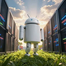 the android robot works in the data center, cinematic view, epic sky, detailed, concept art, low angle, high detail, warm lighting, volumetric, godrays, vivid, beautiful, trending on artstation, by jordan grimmer, huge scene, grass, art greg rutkowski