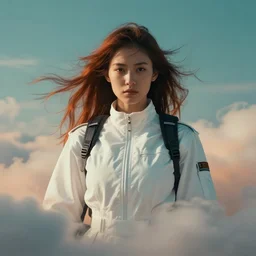 symmetry!!! closeup portrait! of a samurai racer girl, white jumpsuit, in clouds, cinematic light, windy, teal orange, volumetric smoke, by gerald brom, by mikhail vrubel, by peter elson, muted colors, extreme detail, trending on artstation, 8 k