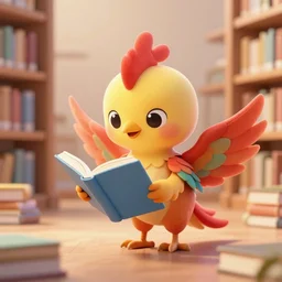a ting cute adorable phoenix fledgling learning to read in a library | digital art | 3D | Render | Raytracing | Award Winning | Amazing