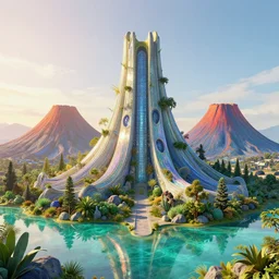 highly detailed volcanoes architecture by antoni gaudi, reflective lighting, holographic, stylized vegetation, ground - level view, puddles of turquoise water, stunning sunny lighting, sunrise, by vincent van gogh and john berkey, 8 k, matte painting, ray tracing, unreal engine 5, octane render, cyberpunk, vibrant