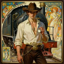 a dramatic ethereal epic symmetrical painting of a handsome villainous cowboy standing in front of a train locomotive | his shirt is unbuttoned and he has a pocketwatch | tarot card, art deco, art nouveau, homoerotic, realistic | by louis comfort tiffany and alphonse mucha | trending on artstation
