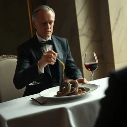 dune movie concept art aristocrat in elegant black suit eating dish with cooked sandworm on a plate, marble interior, wine glass, soft lighting, dark color scheme, art by gary jamroz simon goinard henrik sahlstrom devon cady - lee, full body shot, white tablecloth, volumetric lighting, octane render, commission art, 8 k resolution