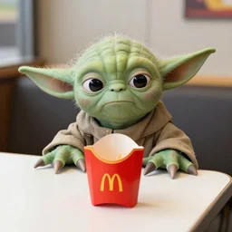 yoda, upset, yoda sitting behind a table inside mcdonald's, small red cardboard box on table, yellow m logo on box, unappealing hamburger on tray, 3 5 mm, f / 2. 8