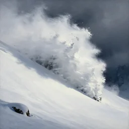 snow avalanche, rushing down a slope, dramatic, center composition, romantic painting, dramatic camera angle