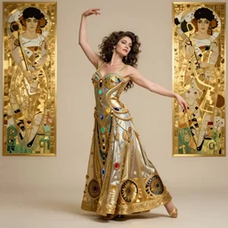 realistic detailed dramatic symmetrical portrait of David and Dalida as Salome dancing, wearing an elaborate jeweled gown, by Alphonse Mucha and Gustav Klimt, gilded details, intricate spirals, coiled realistic serpents, Neo-Gothic, gothic, Art Nouveau, ornate medieval religious icon, long dark flowing hair spreading around her
