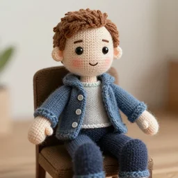 realistic knitted doll ryan gosling sitting on a chair, lethal preservation, proportions, high quality, realism, foreground focus,