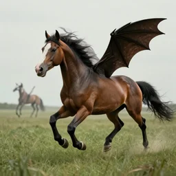 horse with human head as legs and bat wings running on grass land, 4 k, concept art, ultra detail, animals, anatomy, surreal, horror