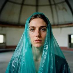 closeup portrait of a woman wrapped in teal cellophane, standing in a derelict planetarium, color photograph, by paula rego, canon eos c 3 0 0, ƒ 1. 8, 3 5 mm, 8 k, medium - format print
