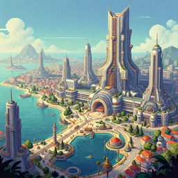 fantasy sea port, futuristic architecture, advanced engineering, beautiful detailed pixelart by albertov, intricate details, beautiful, dithered gradients, volumetric lighting, cgsociety, artstation, smooth, sharp focus, 2 d illustration, by greg rutkowski, amazing art by dan mumford