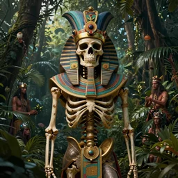 an aztec king skeleton in the jungle, poster art by daniele caruso, benediktus budi, jason edmiston, vc johnson, powell peralta