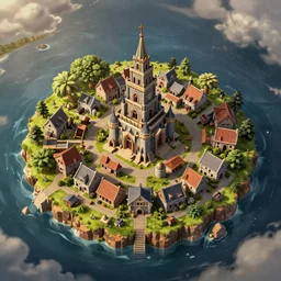 aerial view of medieval village on island in the style of clash of clans