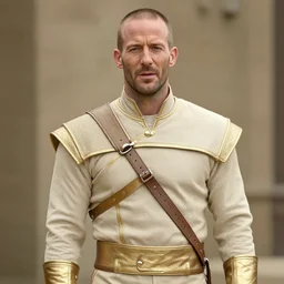 jason statham cast as dijkstra in the witcher netflix series, wearing beige and gold clothing