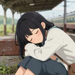 a cute girl sitting on a bench sleeping at an abandoned overgrown train station, establishing shot, close - up focused shot, anime visual render. wlop, rossdraws, detailed anime illustration, detailed stylized portrait, details, 1 0 5 mm f / 2. 8, iso 1 0 0, 1 / 8 0 0, f / 3. 2