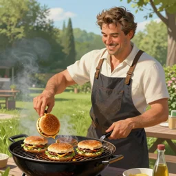 a handsome happy middle aged man fliping burgers in the grill on the lawn. intricate, elegant, highly detailed, digital painting, artstation, concept art, sharp focus, illustration, by justin gerard and artgerm, 8 k