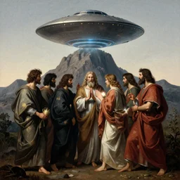 moses and god on mount sinai, ufo flying saucer on top of mountain, soft grainy bloom lucid dream - like atmosphere, harsh flash photo, baroque portrait painting, perfect composition, detailed octane render trending on artstation, 8 k artistic photography, volumetric cinematic perfect light, chiaroscuro, masterpiece, raphael, caravaggio, beksinski, rutkowski, beeple