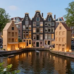 amsterdam canal and homes made out of cardboard and candles