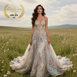 portrait photo of a very beautiful!! woman on intricate dress in an endless heavenly meadow, 4 k, hdr, smooth, sharp focus, high resolution, award - winning photo