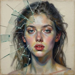 female analogue mixed media collage with canvas texture in style of contemporary art, hyperrealistic beautiful face, photorealism, expressionism, masterpiece, perfect composition, spectacular quality, intricate oil details, broken glass