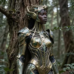 hyperrealistic art nouveau super expressive! black woman with detailed exoskeleton armor, merging with tree in a forest, digital painting masterpiece smooth brad kunkle hannah yata dramatic pearlescent yellow light dutch angle hd 8k sharp focus