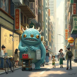 lab to create cute monsters and creatures, traveling across a bustling street in a city, natural lighting, playful color scheme, intricate details, matte painting, illustration, by hayao miyazaki