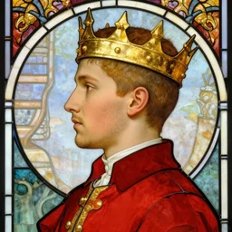 beautiful and detailed portrait of a 3 0 year old crowned king, profile view, side view, stern and confident, he is wearing a slim golden crown with short spikes, buzzcut, stubble, red coat with white collar, stained glass art, by alphonse mucha, very masterful
