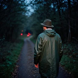 analog photograph of a man from the back wearing a raincoat and a hat in a lost trail and trees at night by mark owen. red lights. bokeh. cinematic. hq. detailed. contrast. cinestill 8 0 0 t