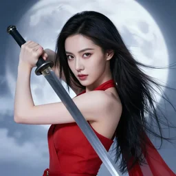 a beautiful fierce long black haired woman wearing red dress wielding black sword posing heroically, heavenly moonlit clouds background, close up shot, league of legends style, splash art, highly detailed, vray, artstation, extremely detailed woman, stunning volumetric lighting, hyper realism, fantasy 4k