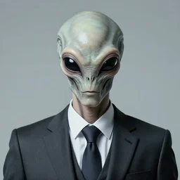 a hyper realistic symmetrical portrait of a male alien in a suit