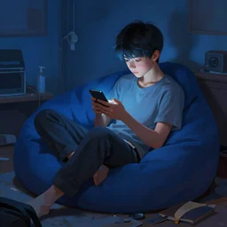 beautiful detailed!!!!!! digital painting of a short asian teenager with short hair sitting in a bean bag and playing on his phone in his dark!!! dimly - lit blue messy room, stunning digital painting, top digital painting, expressive character design, 4 k quality, highly detailed, smooth, sharp focus, clear, trending on artstation