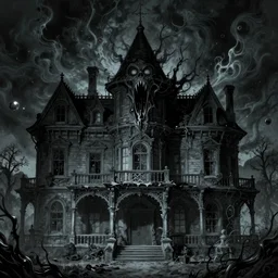 old mansion as evil creature with mouth and empty eyes at night, made in 1 8 century, arkham horror, evil fluid, dramatic, heroic, fear, insane, terrific, insane, lovecraft illustration, particles, by asher brown durand, by yoshitaka amano, fantasy digital art