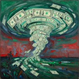 An abstract painting of a hurricane made of dollar bills by Robert Delaunay, green and red color palette, dusk time, original