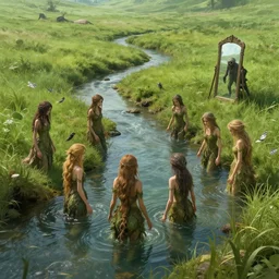 beautiful digital fantasy illustration of A woody green field with a stream running through it, with a group of dryad women standing in the water. They seem to be preparing to submerge themselves in the cool, clear waters of the stream. a creepy creature standing in front of a mirror!, cgsociety, fantasy art, highly detailed, soft lighting, rendered in octane, masterpiece, very very very aesthetic