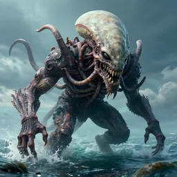 a single highly detailed 4 k matte painting. humanoid giant. cthulu kraken head. climbing out of the ocean