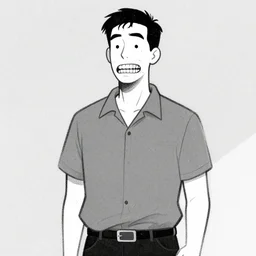 storybook illustration of a tall man with way too many teeth which makes him very uncomfortable, storybook illustration, monochromatic