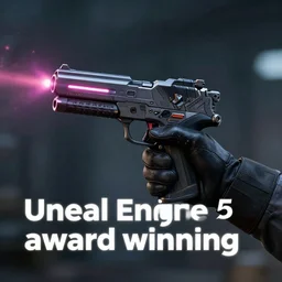 “ hand in glove holding laser gun from the side, cinematic, digital art, unreal engine 5 render, award winning ”