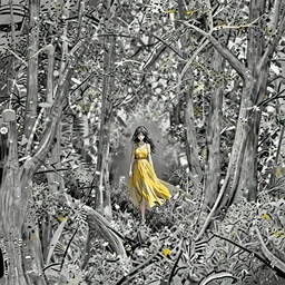 beautiful anime woman in a grey gray forest dressed in a flowing yellow dress, hyperrealistic digital art by WLOP, trending on artstation