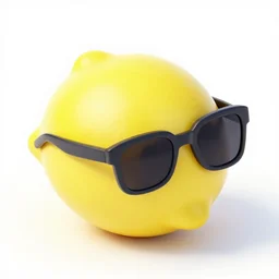 Low polly isometric model of a lemon wearing sunglasses against a white background, studio lighting