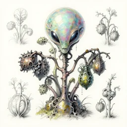 Alien plant from alpha centauri, illustrated from nature. highly detailed botanical field sketches. Alien hybrid, opalescent, metallic, strange fruits.