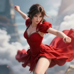 epic scene of very attractive final fantasy 1 7 female character looking like brigid bardot, detail face, lovely eyes and lips, with amazing detail red dress ) ( fighting ) hyper realistic 3 d render, art station, particles, epic scene, mucha, clouds, jump pose, blur focus, action, fantasy, digital art, smooth curves