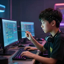 cyberpunk kid programming his parents. the kid hand holding wire that connected to the parents head. 4 k, photorealistic, artstation, ultra detrailed.