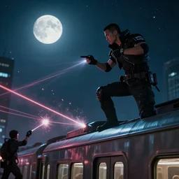 film still of a cyberpunk action hero on top of train shooting lasers at enemies under a full moon, starry night, smartwatch