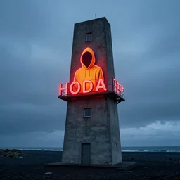 a concrete tower on a icelandic beach, big red neon sign, character wearing a yellow hoodie, cloudy day, blue hour by filip hodas, by simon stalenhag, cinematic, dramatic light concept art, matte painting, tranding on artstation