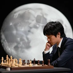 Hikaru Nakamoto playing chess against Garry Kasparov on the Moon, bokeh, 90mm, f/1.4