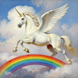 winged unicorn with red eyes galloping on a rainbow bridge by albert edelfelt, white clouds in the background, oil painting, high detail, vibrant colors, high quality,