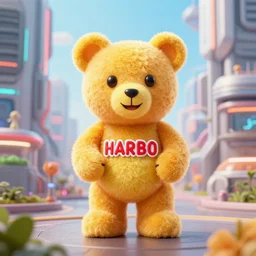 portrait of haribo bear in future city, color and shape focus, cnetral composition, natural light, bloom, puff, by simon stal