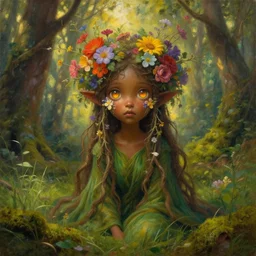 portrait of a magical forest dryad, flowers on heir cheeks, very big eyes, dressed in a green robe, colorful flowers growing from her head, branches growing as hair, brown skin like soil, glowing ember eyes, golden sunlight, queen of the forest, extremely detailed, realistic, photo by annie leibovitz, masterpiece, award-winning, mythological, mossy, grass, oil on canvas, soft colors, wide shot, very low angle photograph, simon stålenhag