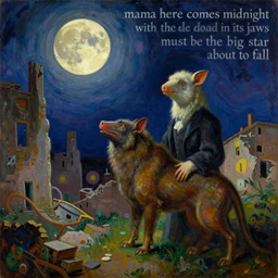 bright dramatic lighting colorful surrealist symbolist oil painting titled'mama here comes midnight with the dead moon in its jaws must be the big star about to fall ', magical realism symbolist, ruined city landscape with hybrid animal protagonist, painted by arnold bocklin and odilon redon and max ernst, shocking detail trending on artstation 8 k