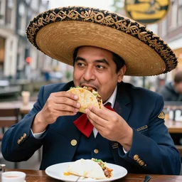 a stereotypical mexican man eating a taco in amsterdam