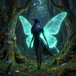 raven faerie in the lichen woods. safe for work, complementary colors, anime still, luminescent, 3 d render, 4 k, rimlight.